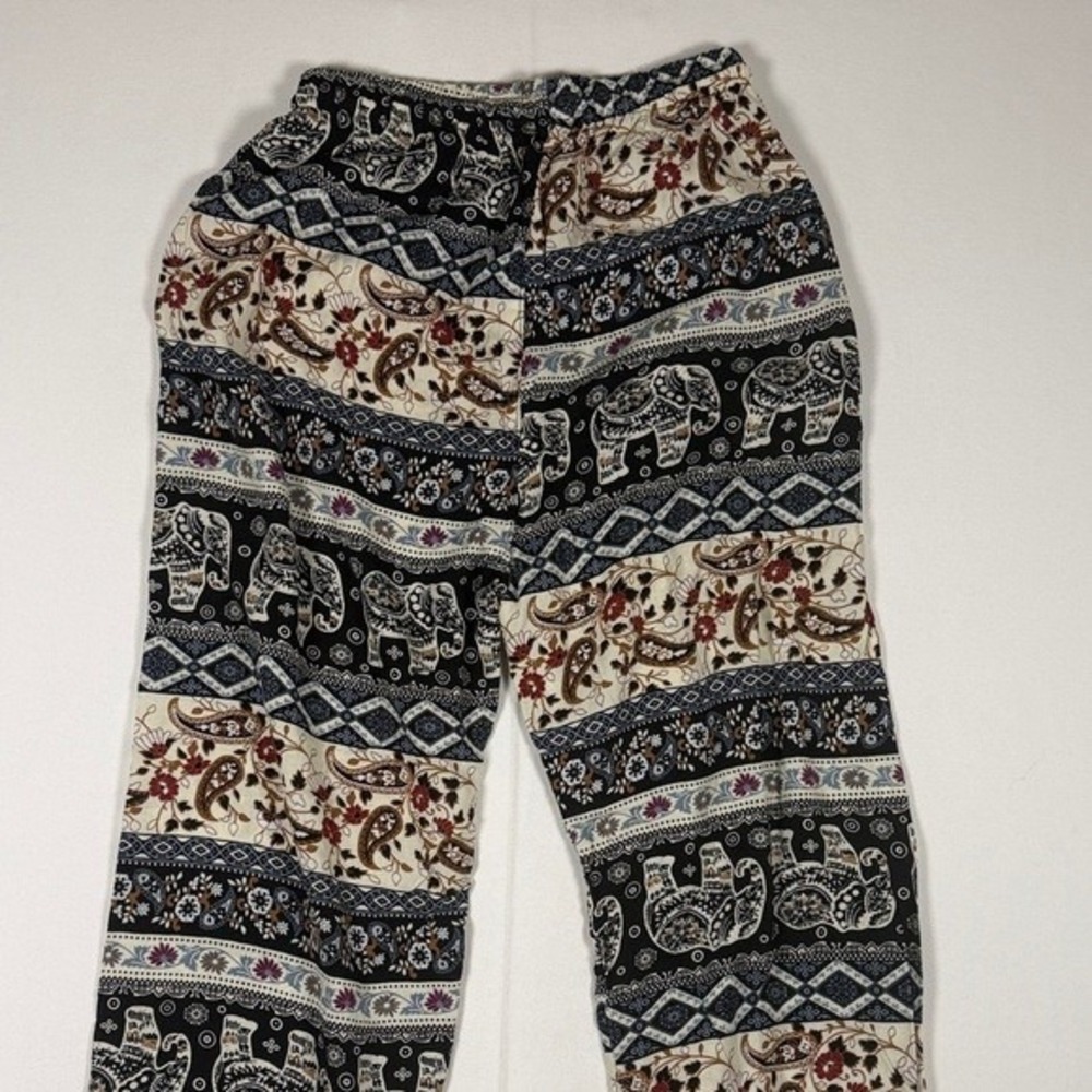 Boho Elephant Paisley Print Harem Pants Black Cream Elastic Waist Joggers Womens - Picture 4 of 8